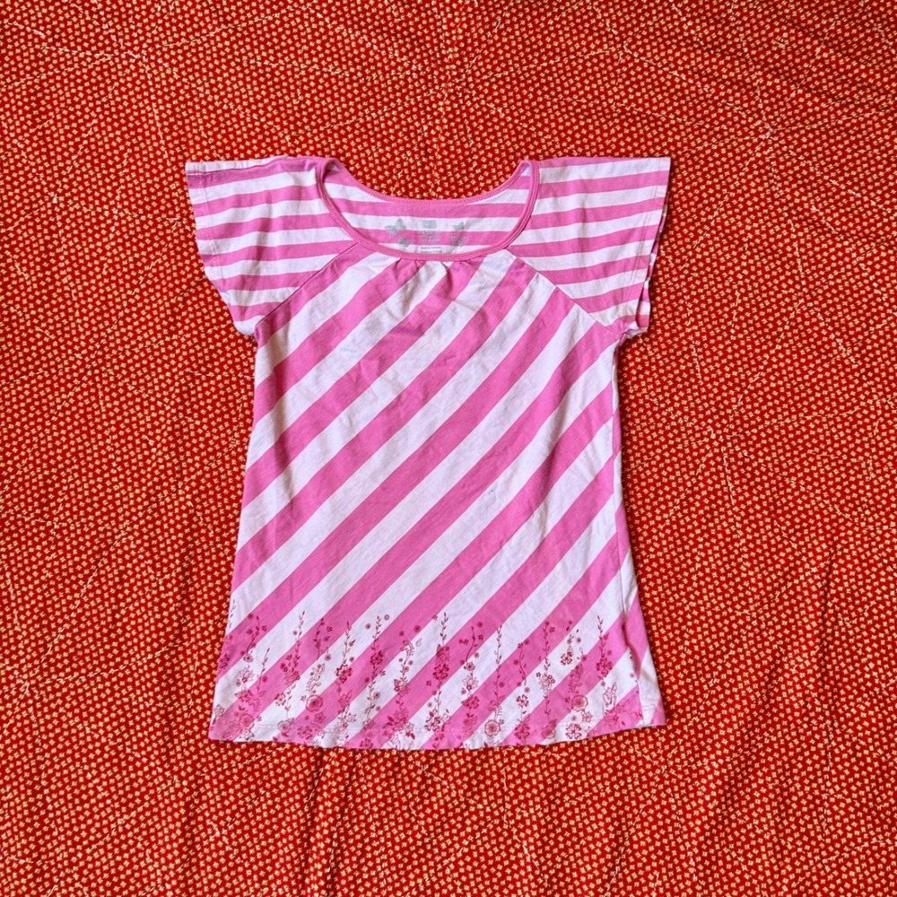 Faded glory Pink Striped Floral Graphic Short Sleeve Tee Girls L fits women XS